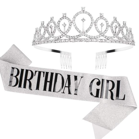 Sliver Birthday Girl Sash & Rhinestone Tiara Set - Picture 1 of 5